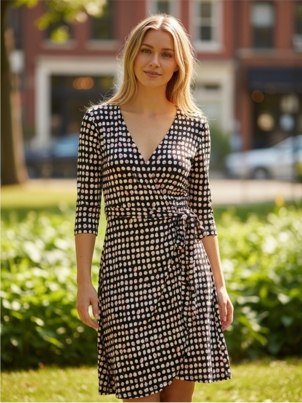 Talbots Jersey Faux Wrap Dot Print Dress 3/4 Sleeve Medium